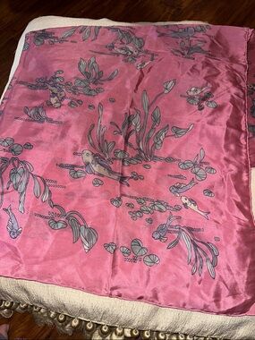 Vintage Silk Scarf Koi Fish Pink Pond Print Square Made in Western Germany